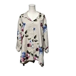 John‎ + Mark Shirt Womens 2XL Beige Floral Linen Button Front Roll Tab Tunic Top